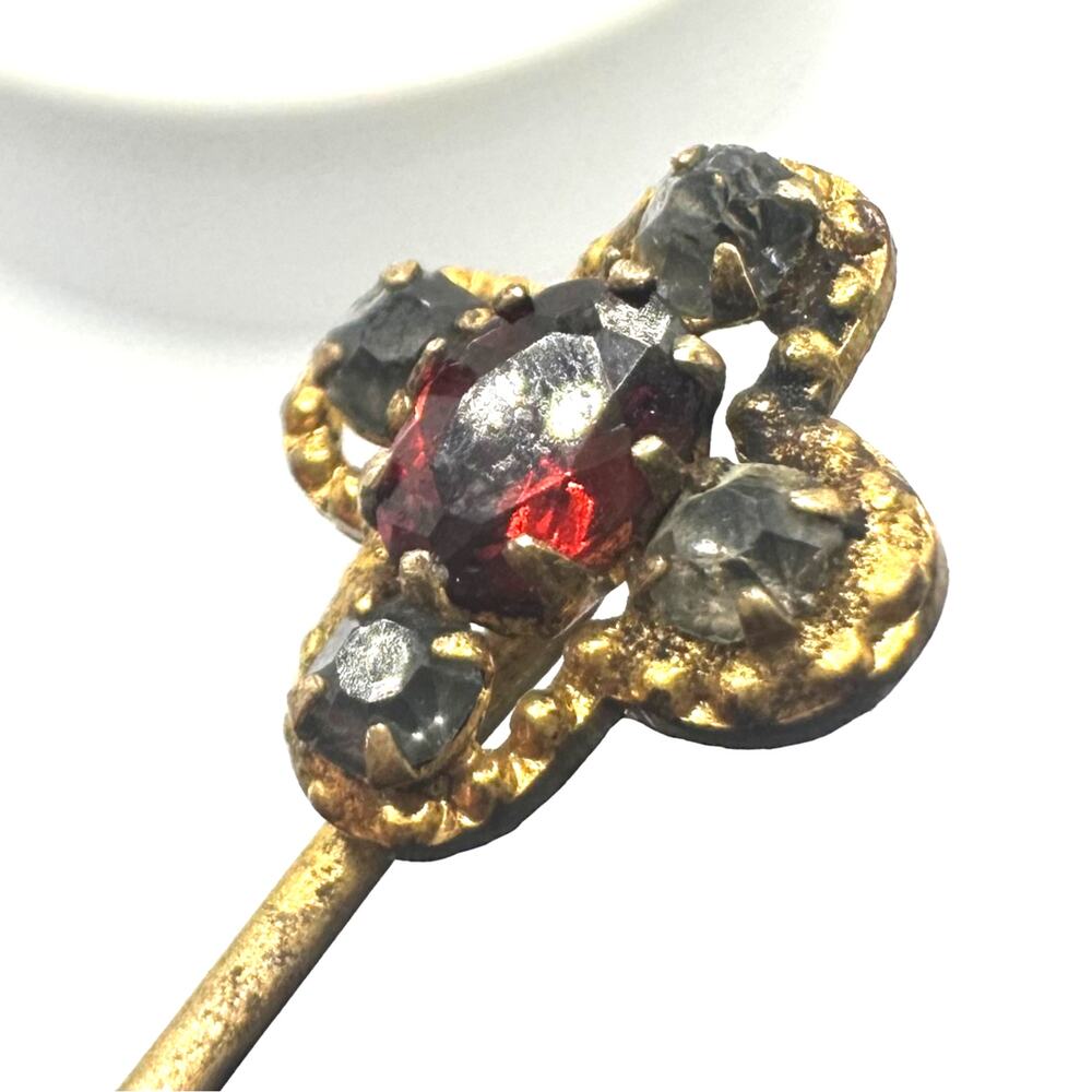 Antique gold gilt real genuine garnet gray glass rhinestones stick pin brooch